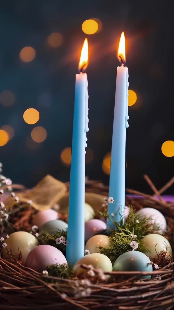 Close-up video of lit blue candles in a nest with pastel eggs, bokeh lights in background
