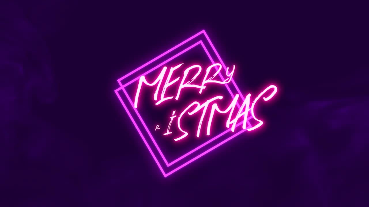 texto de navidad feliz con cuadrados de neón y humo en gradiente negro