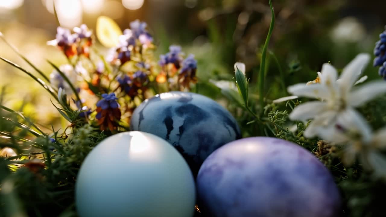 Soft light glows over pastel eggs nestled in green grass. Delicate white and purple flowers surround the eggs. Sunlight creates a warm, peaceful atmosphere