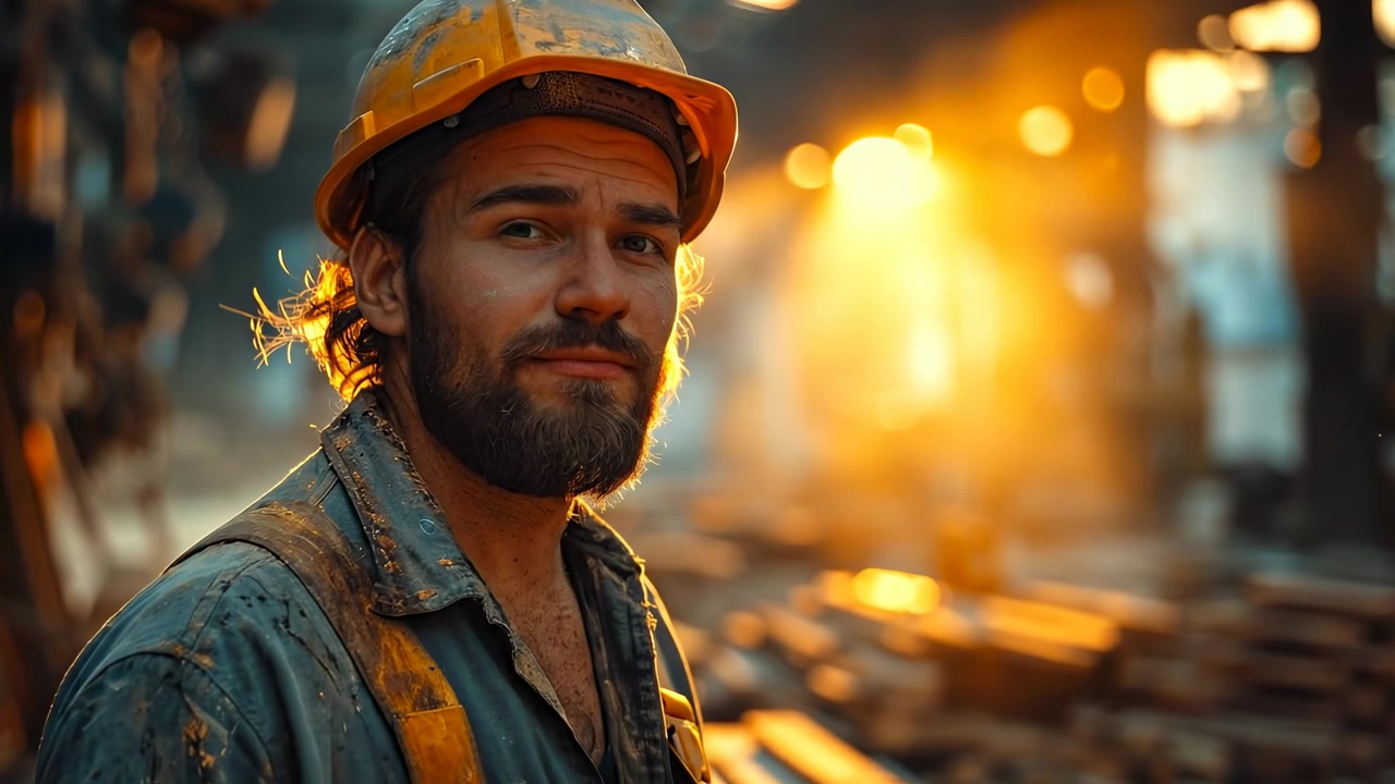Industrial factory worker wearing yellow hard hat in metal workshop. Portrait of a bearded male worker in a dirty hard hat and uniform inside an industrial manufacturing plant.