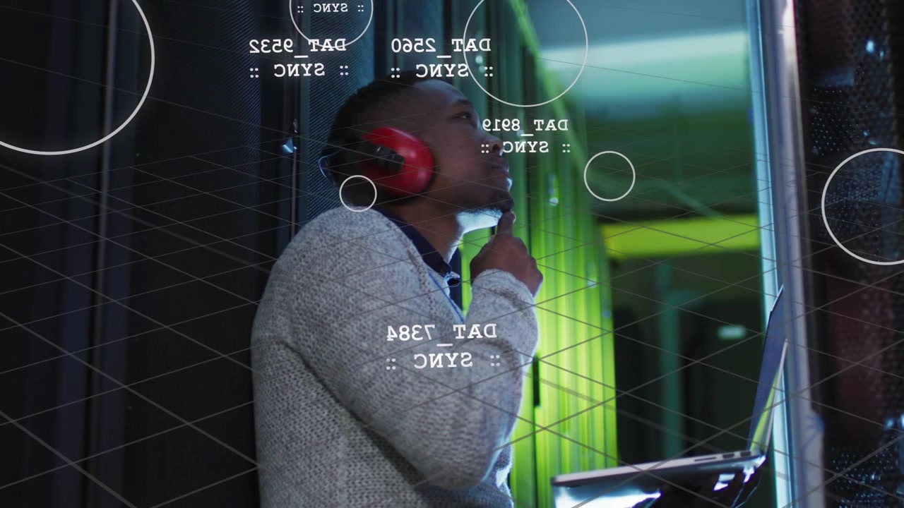 Technician inspecting rack status and touching chin while HUD data overlays and console monitoring
