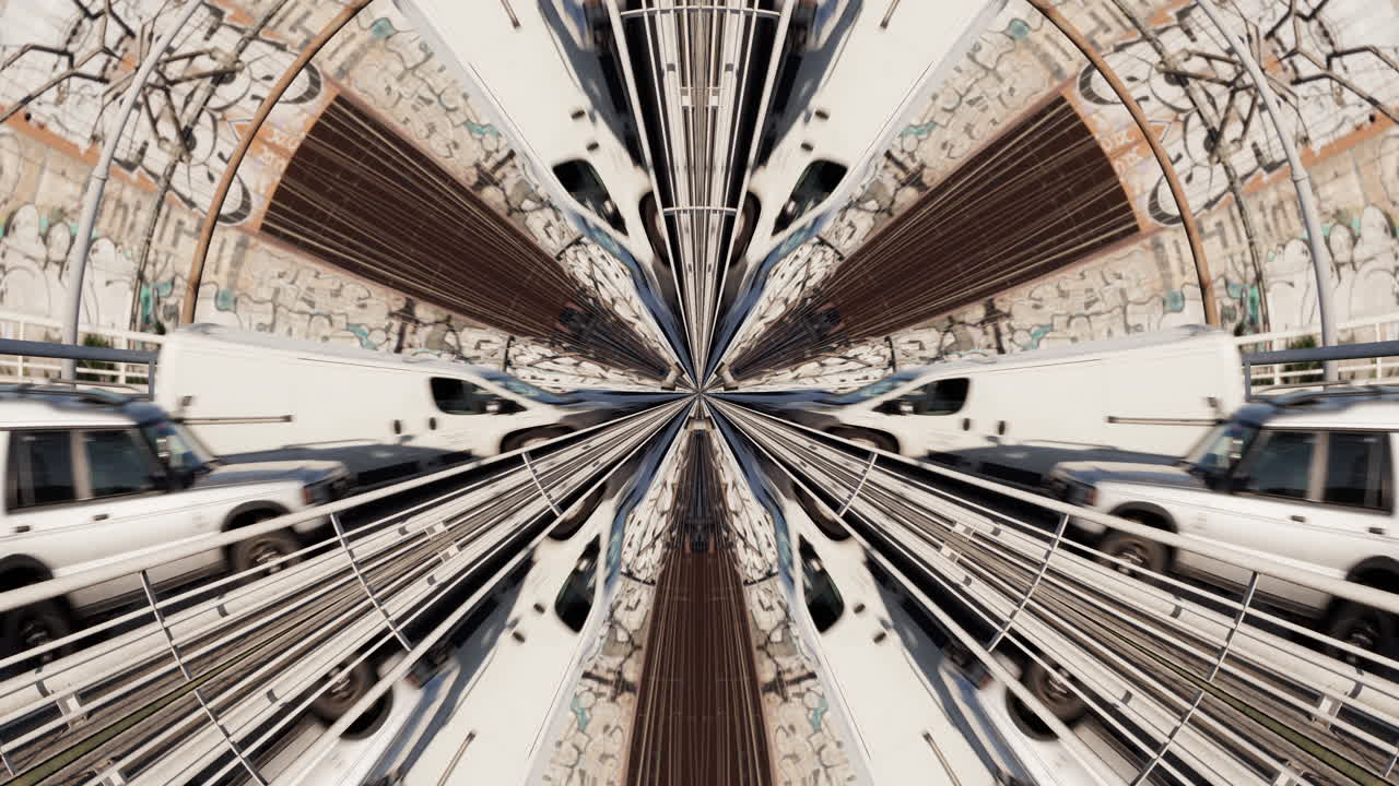 Tráfico en una autopista de Barcelona durante la hora punta vespertina convertido en un patrón abstracto