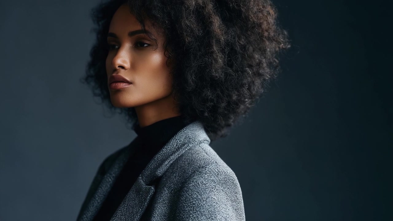 A Captivating Portrait of a Woman with Gorgeous Curly Hair in a Stylish Outfit, Radiating Confidence and Elegance Against a Dark Background