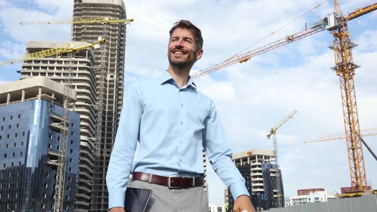 Ingeniero feliz con tableta en una obra de construcción moderna