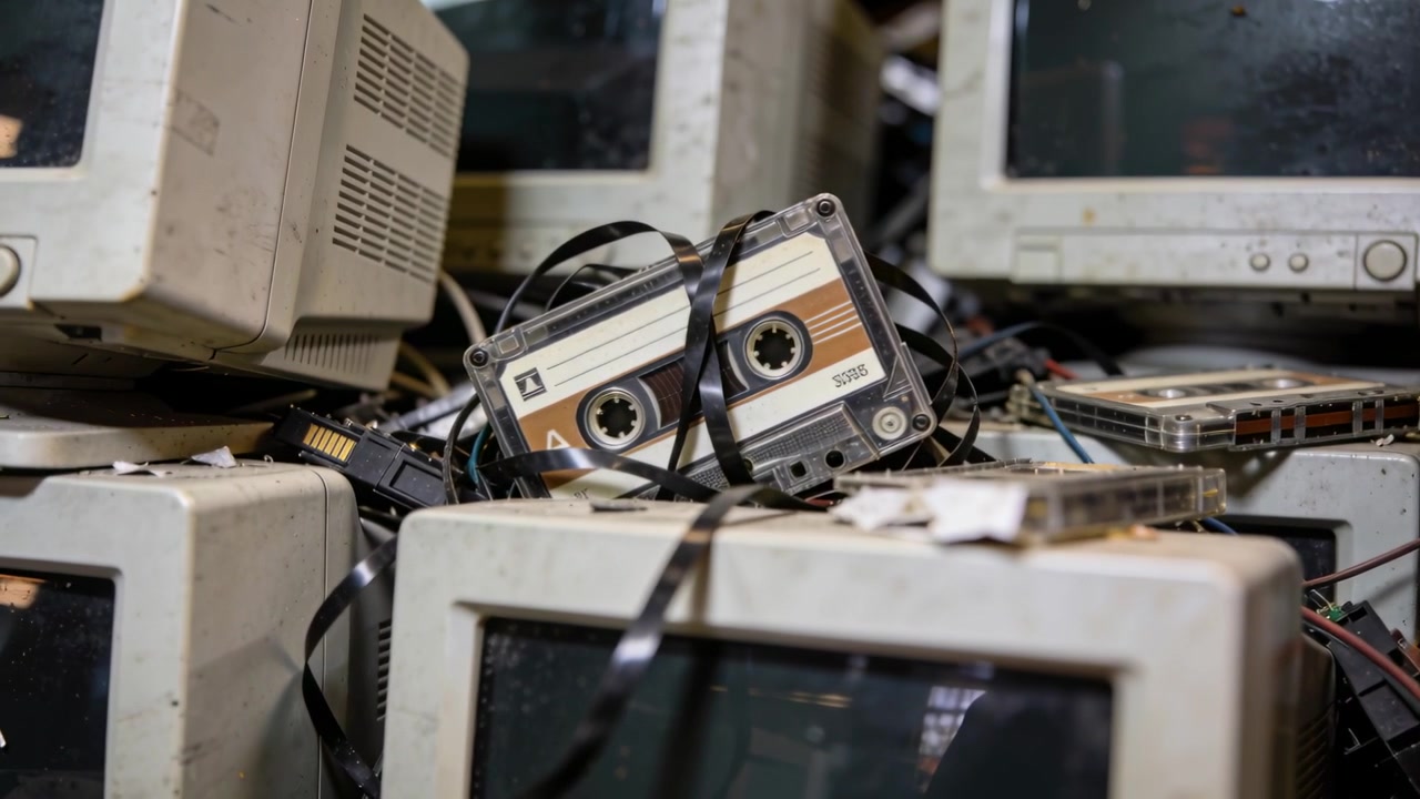 Camera moving in, bringing cassette into focus on CRT pile showing unwound tape and noting debris