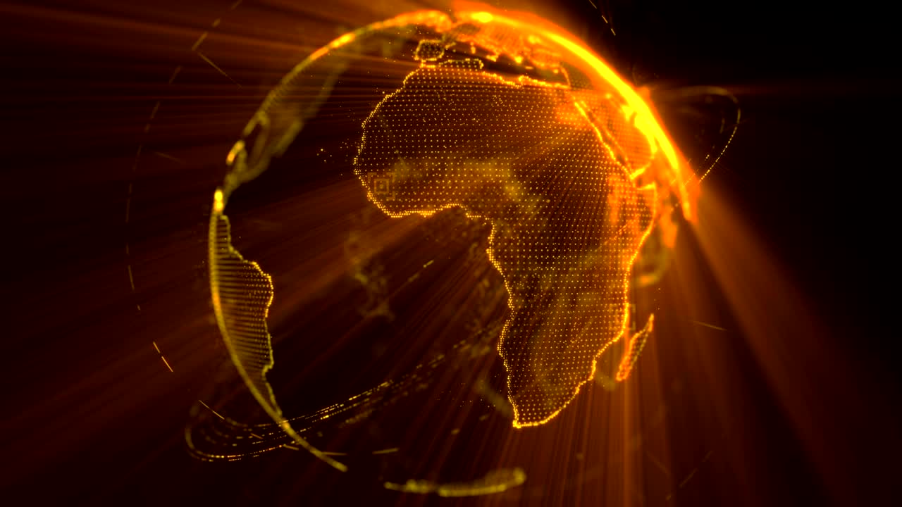 пиксель 3d золотой блестящий глобус земли в вращении с волновыми частицами. планета земля вращающаяся анимация концепция будущей технологии с пустым пространством для вашего текста и логотипа.