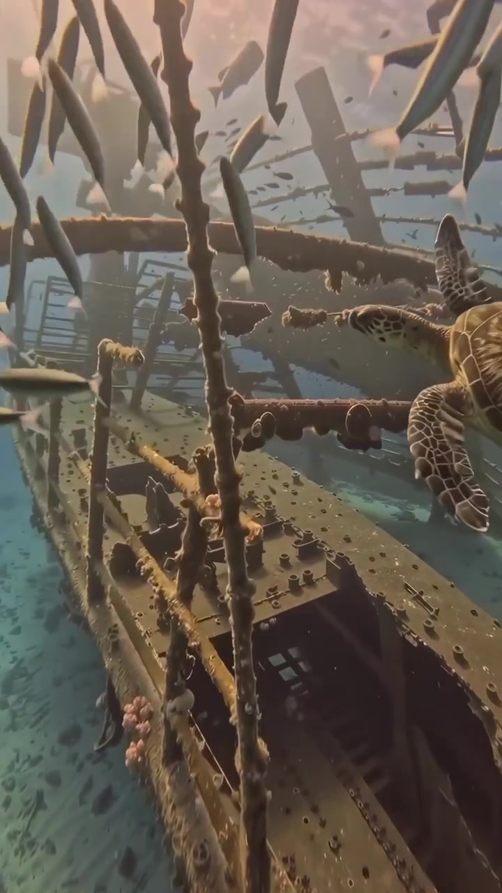 School of Fish and Sea Turtle Swimming Around a Shipwreck
