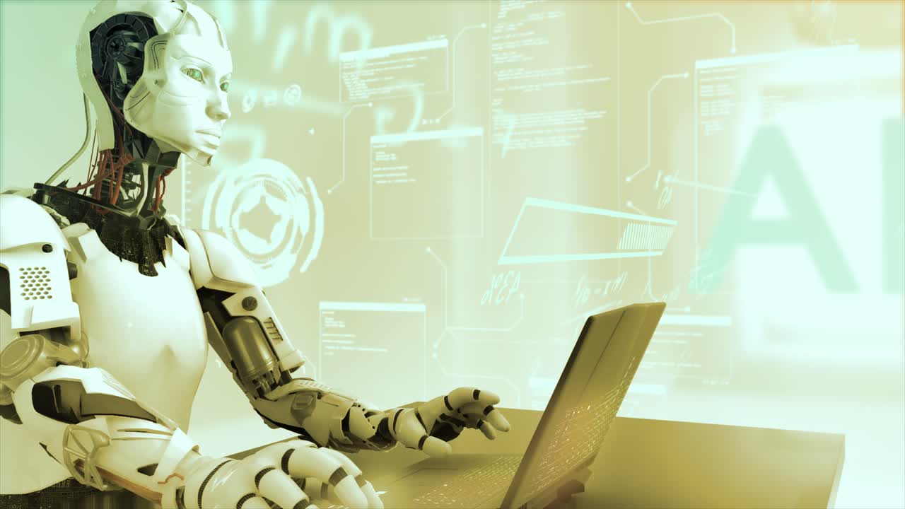 High quality CGI pullback shot of an Artificial Intelligence humaniod robot at a laptop computer in a virtual AI environment with data and equations floating around him - warm gold color scheme