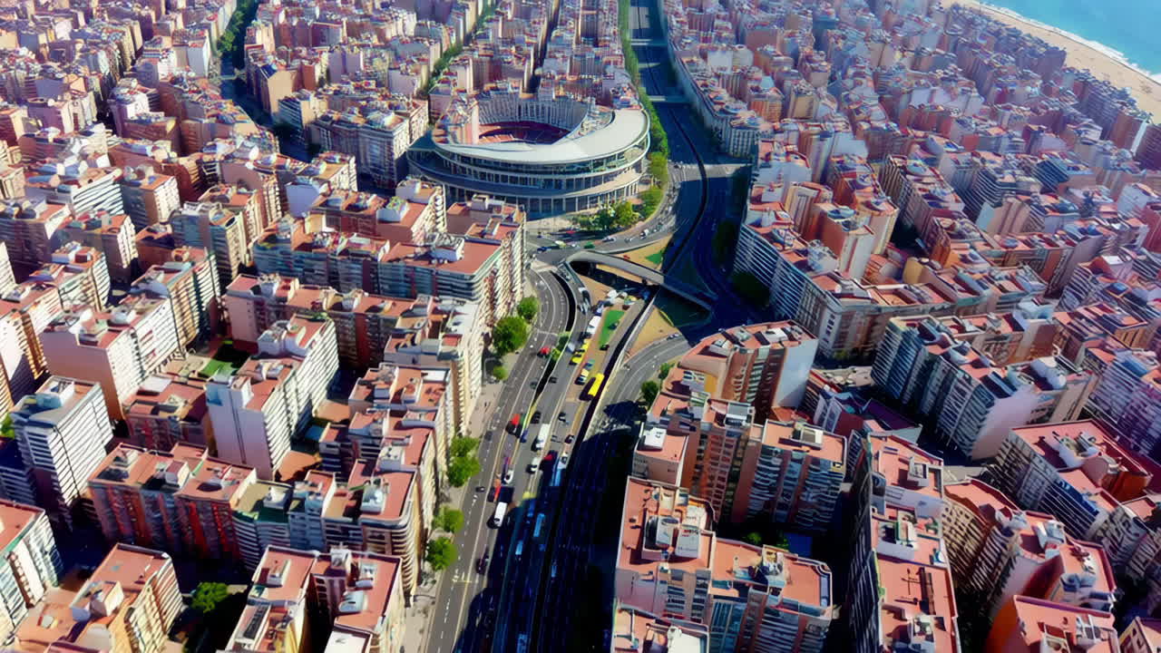 Aerial View of Barcelona Cityscape with Stadium