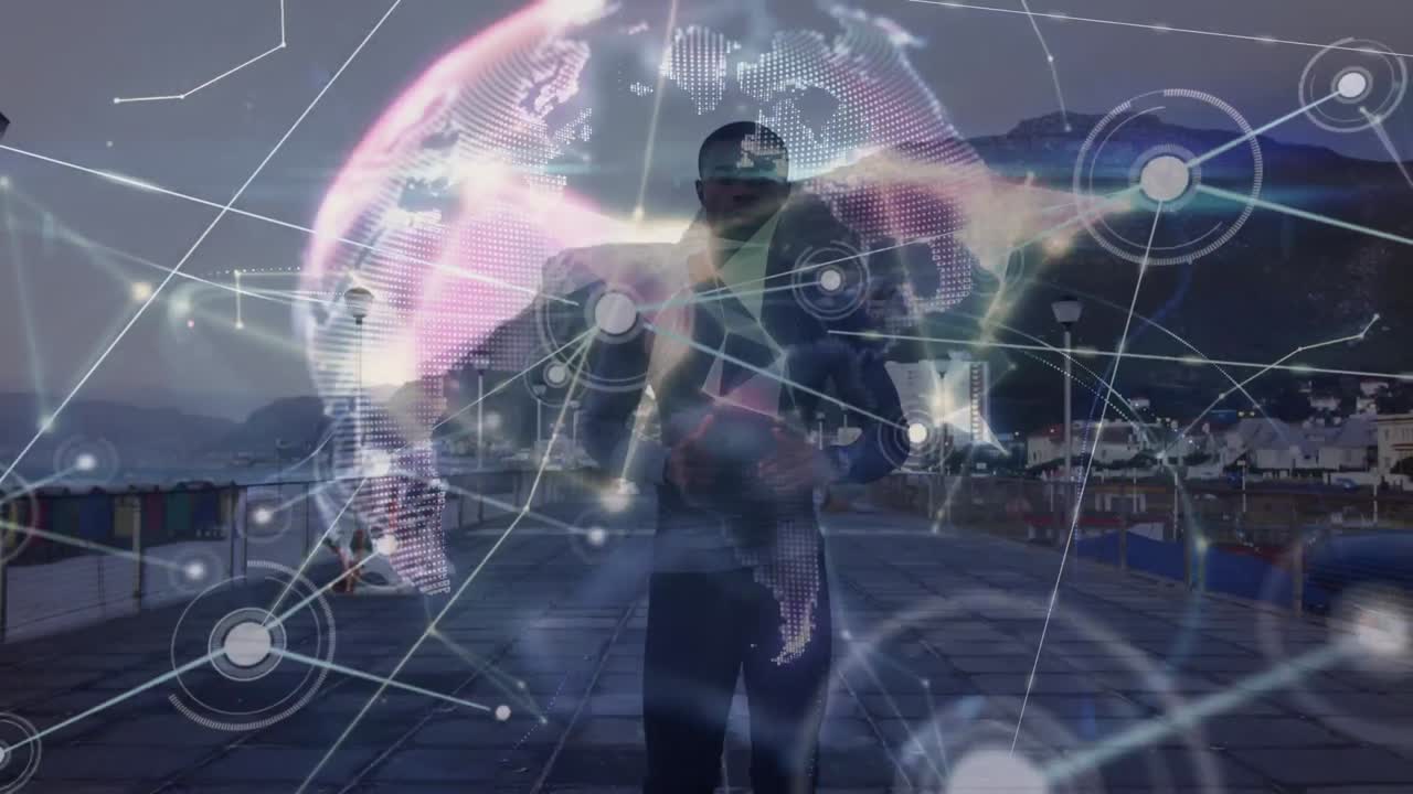 Animation of network of connections with globe over african american man running