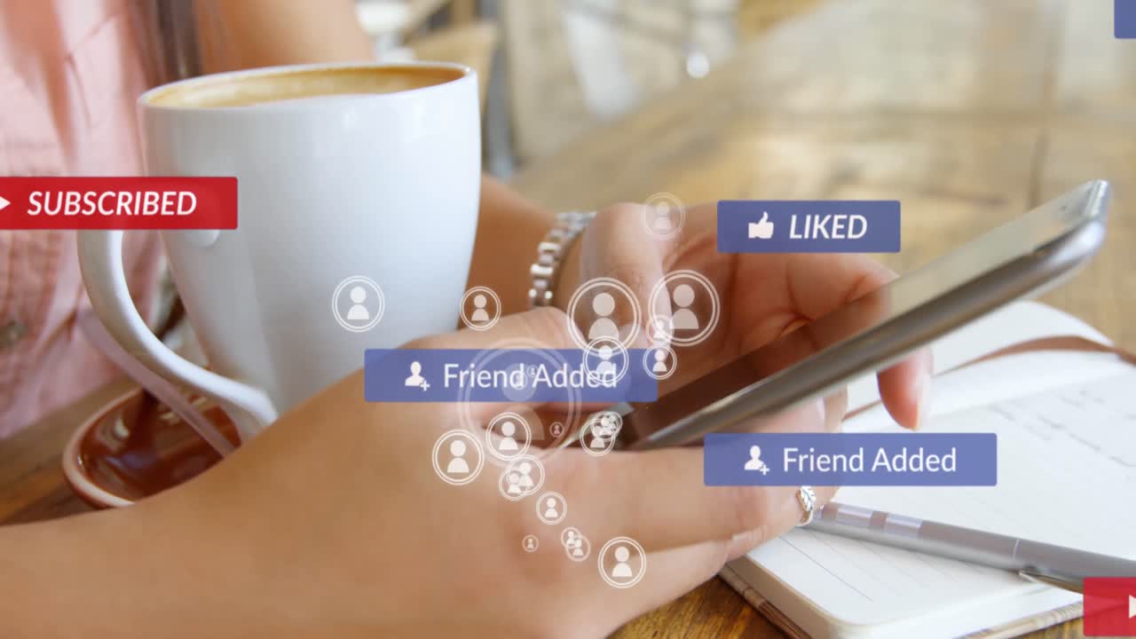 Animation of falling social media icons over women using smartphone