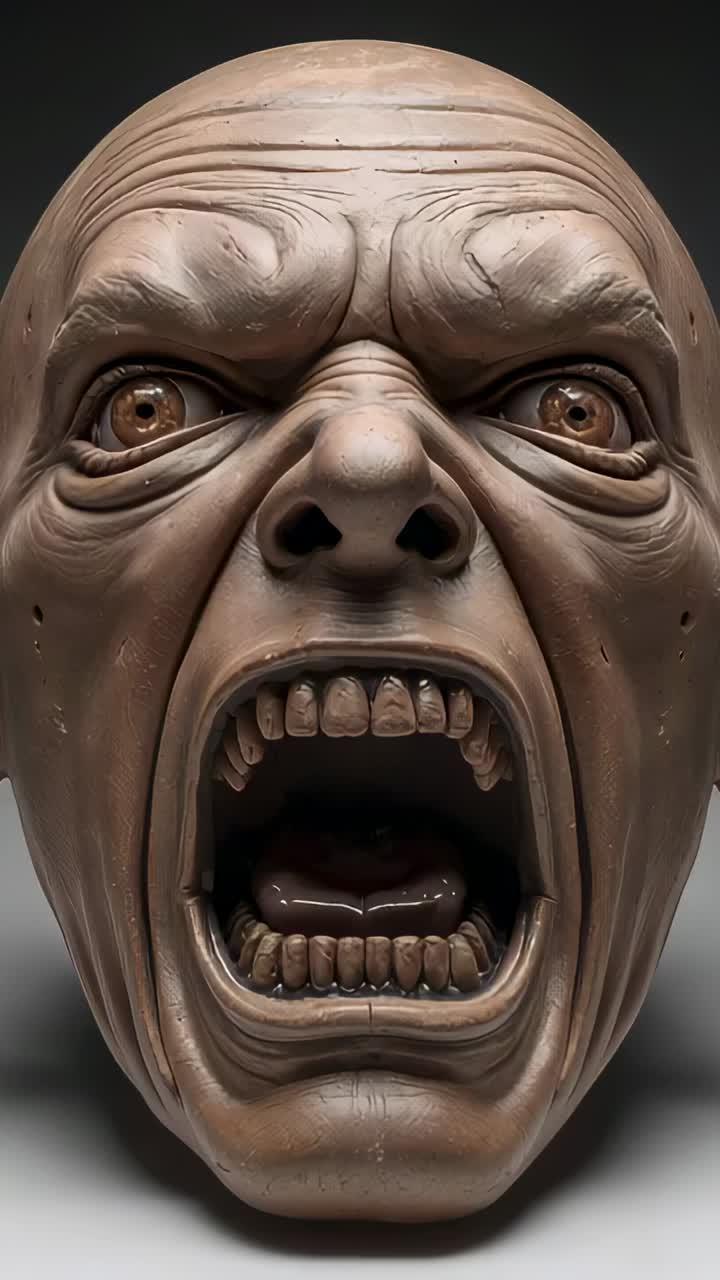 Vertical video: Zooming handheld camera moving toward sculpted head in studio, revealing worn teeth