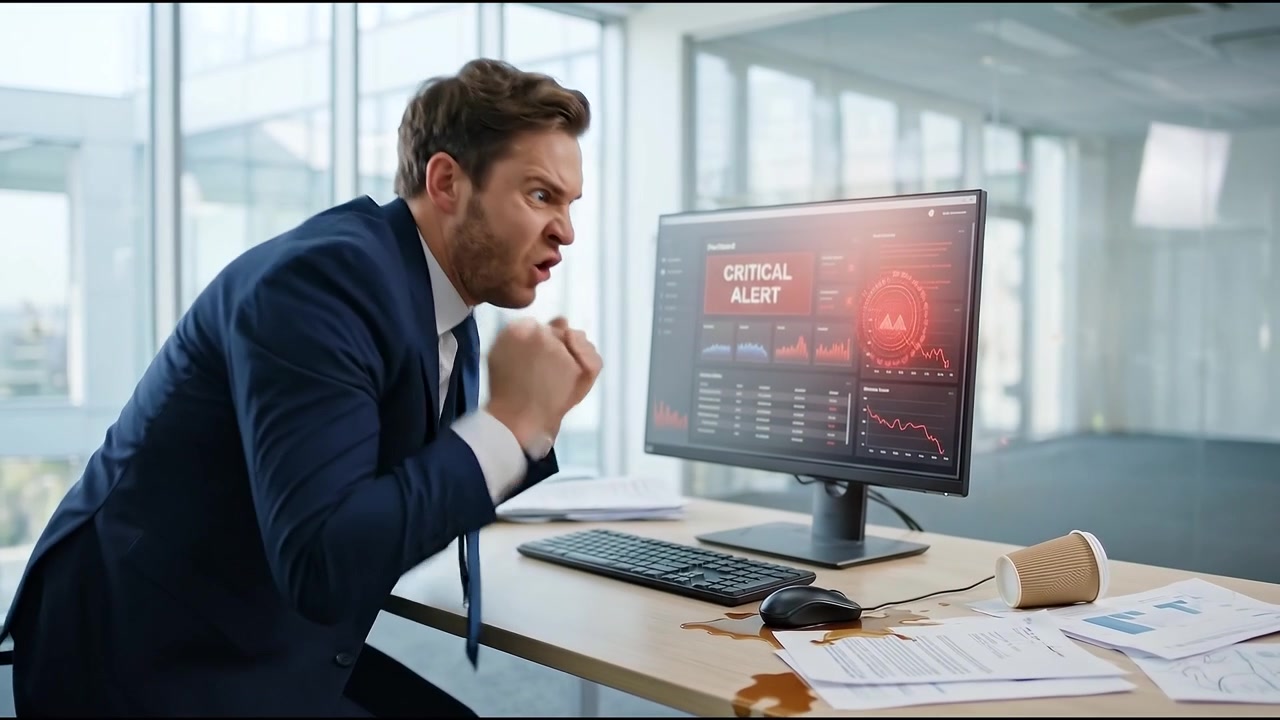 Uomo d'affari stressato che reagisce a un avviso critico sullo schermo del computer