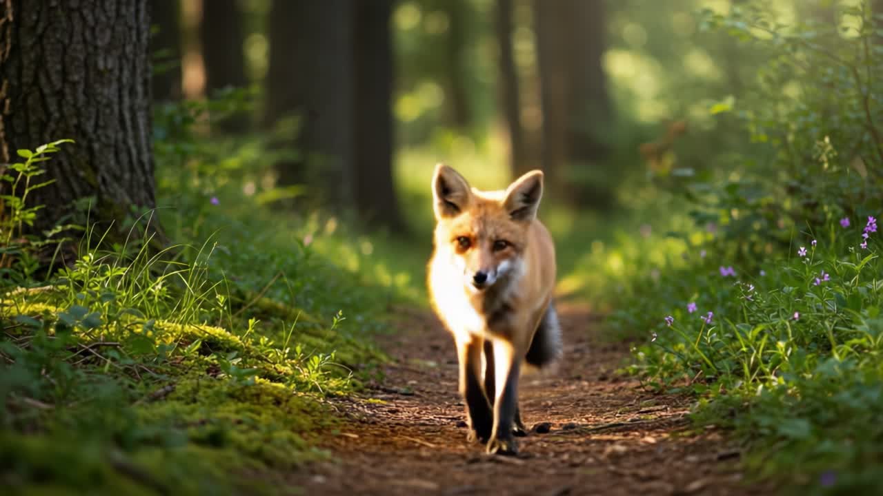 A Majestic Fox Strolling Through a Serene Forest Path, Captured in Glowing Natural Light Amidst Lush Greenery and Colorful Wildflowers