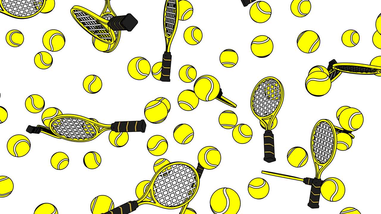 색 배경에 노란색 테니스 공과 테니스 라켓을 그렸습니다.