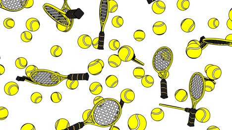 toon style yellow tennis balls and tennis rackets on white background.