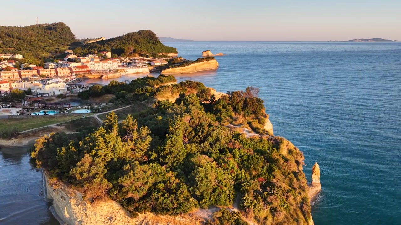 Stunning Aerial Drone Shot of Canal d'Amour Sandstone Rock Formations and Cliffs in Sidari, Corfu, Greece - Majestic Coastline and Ionian Sea at Golden Hour Sunrise