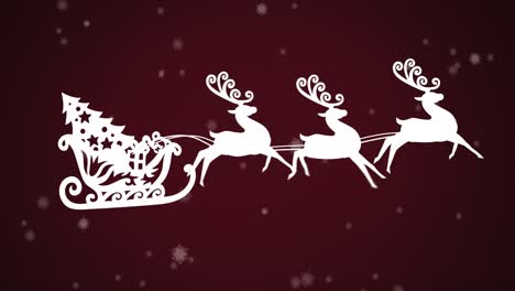 animación de santa claus en trineo con renos sobre la nieve que cae sobre un fondo de borgoña