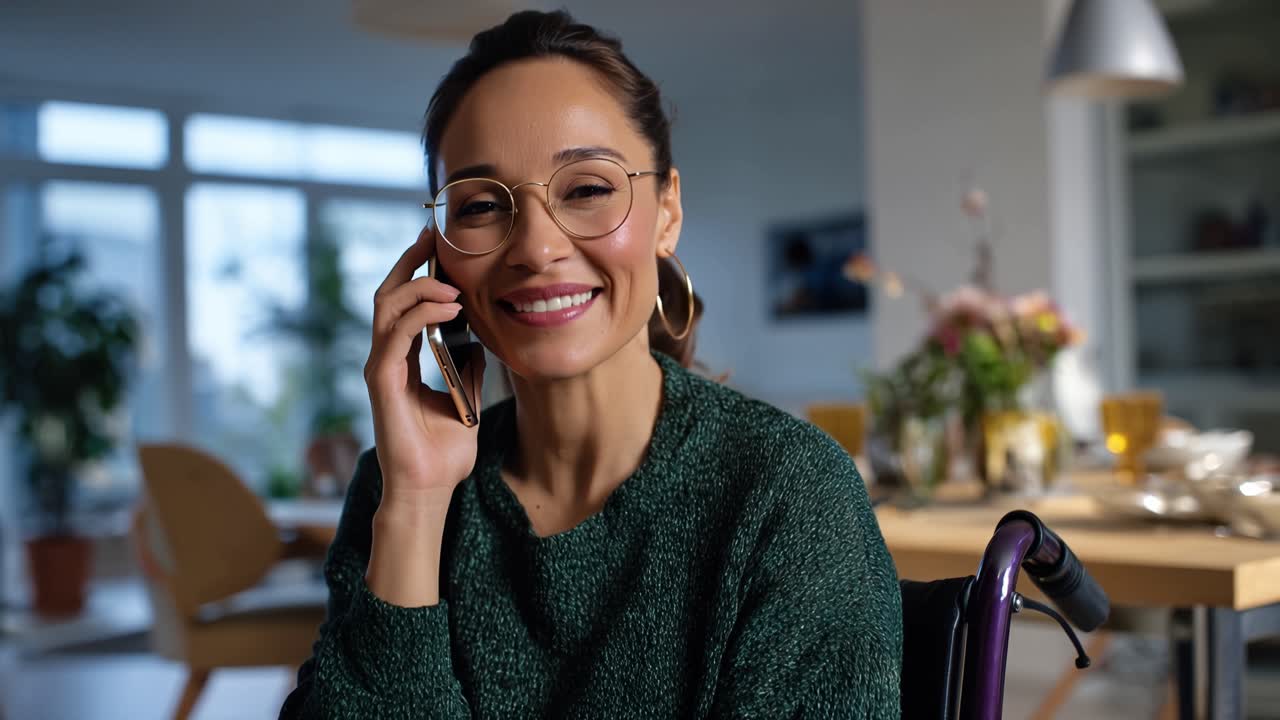 Kvinne smiler mens hun snakker i telefonen. Hun sitter i rullestol ved et bord. Hjemmet hennes er varmt og godt opplyst. Hun virker avslappet og munter. Bra for å vise omsorg eller tilknytning.
