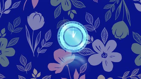 Animation-of-scanner-with-clock-face-processing-over-flower-print-on-blue
