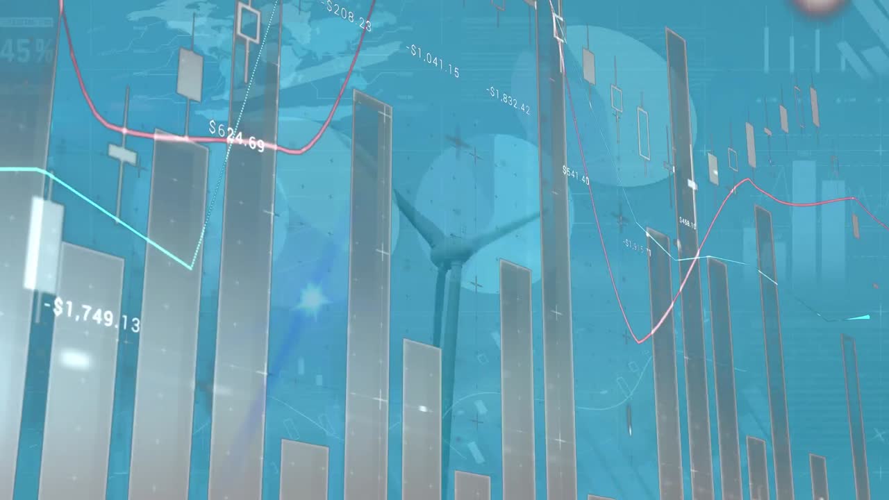 회전하는 풍차 위에 움직이는 바와 선 그래프와 함께 인포그래픽 인터페이스의 애니메이션