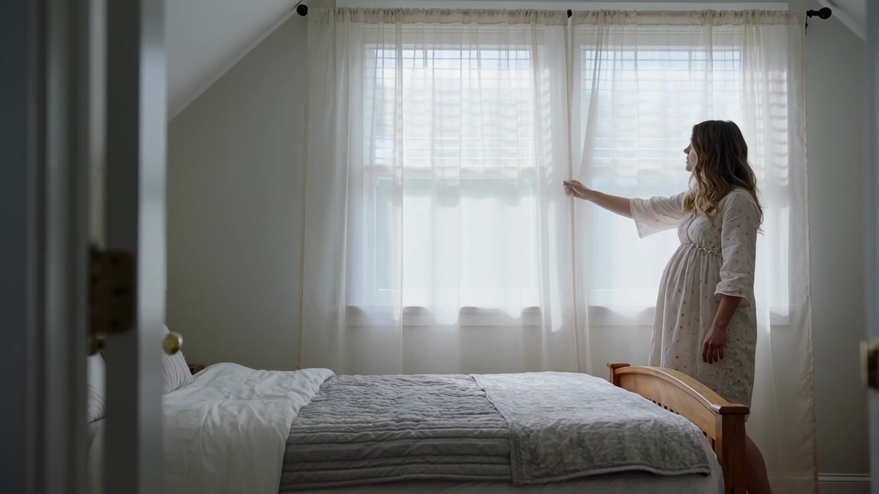 Donna incinta in piedi in abito che apre una tenda trasparente, facendo entrare la luce nella camera da letto, letto, spazio per il testo