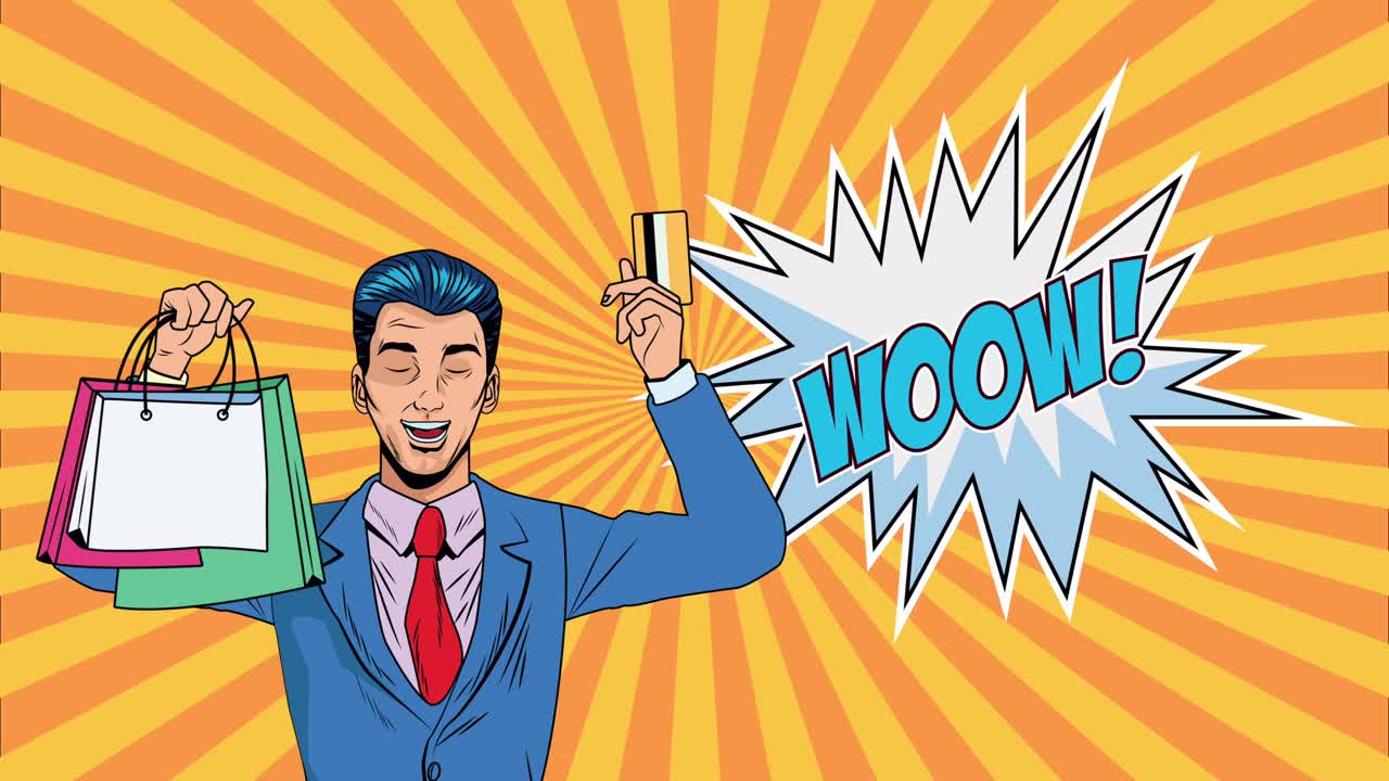 쇼핑 가방과 신용 카드를 가진 사업가 와우 에스프레션 팝 아트 애니메이션