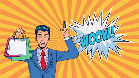 hombre de negocios con bolsas de compras y tarjeta de crédito wow expresion animación de arte pop