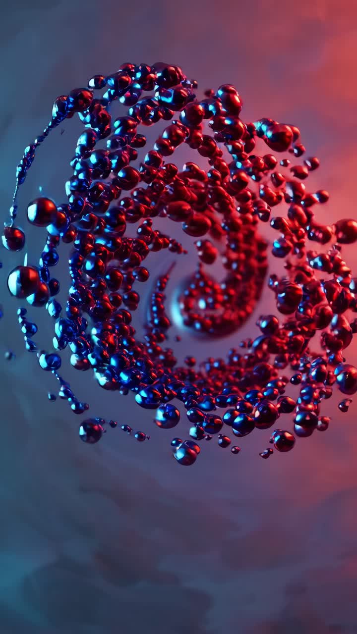 Metallic particles swirling in a dynamic spiral formation, illuminated by vibrant neon lights, creating a captivating visual spectacle with a sense of motion and energy