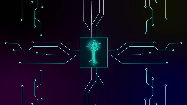 Animation of integrated circuit and digital tree on black background