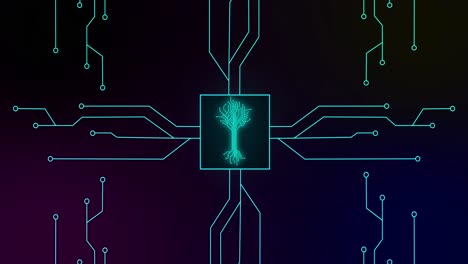 animación de circuito integrado y árbol digital sobre fondo negro
