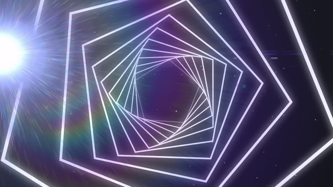 Animation of geometric shapes forming tunnel with light flare and starry background