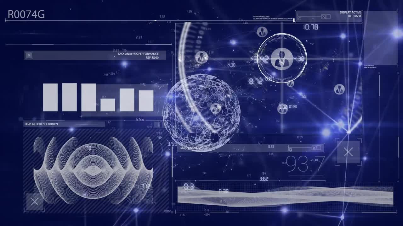 데이터 처리를 통해 아이콘과 연결을 가진 지구의 애니메이션