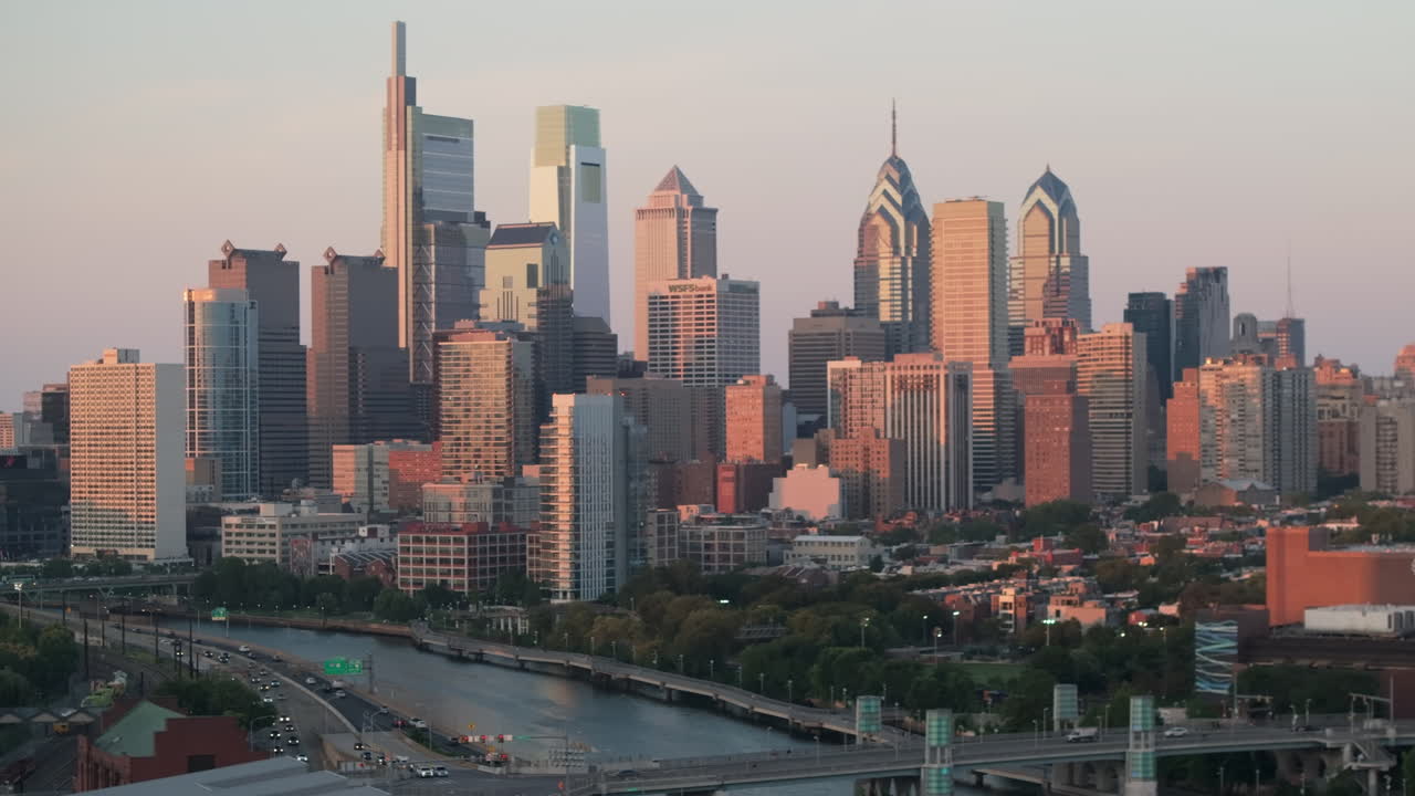 Aerial view of Downtown Philadelphia at dusk. Shot on a summer evening