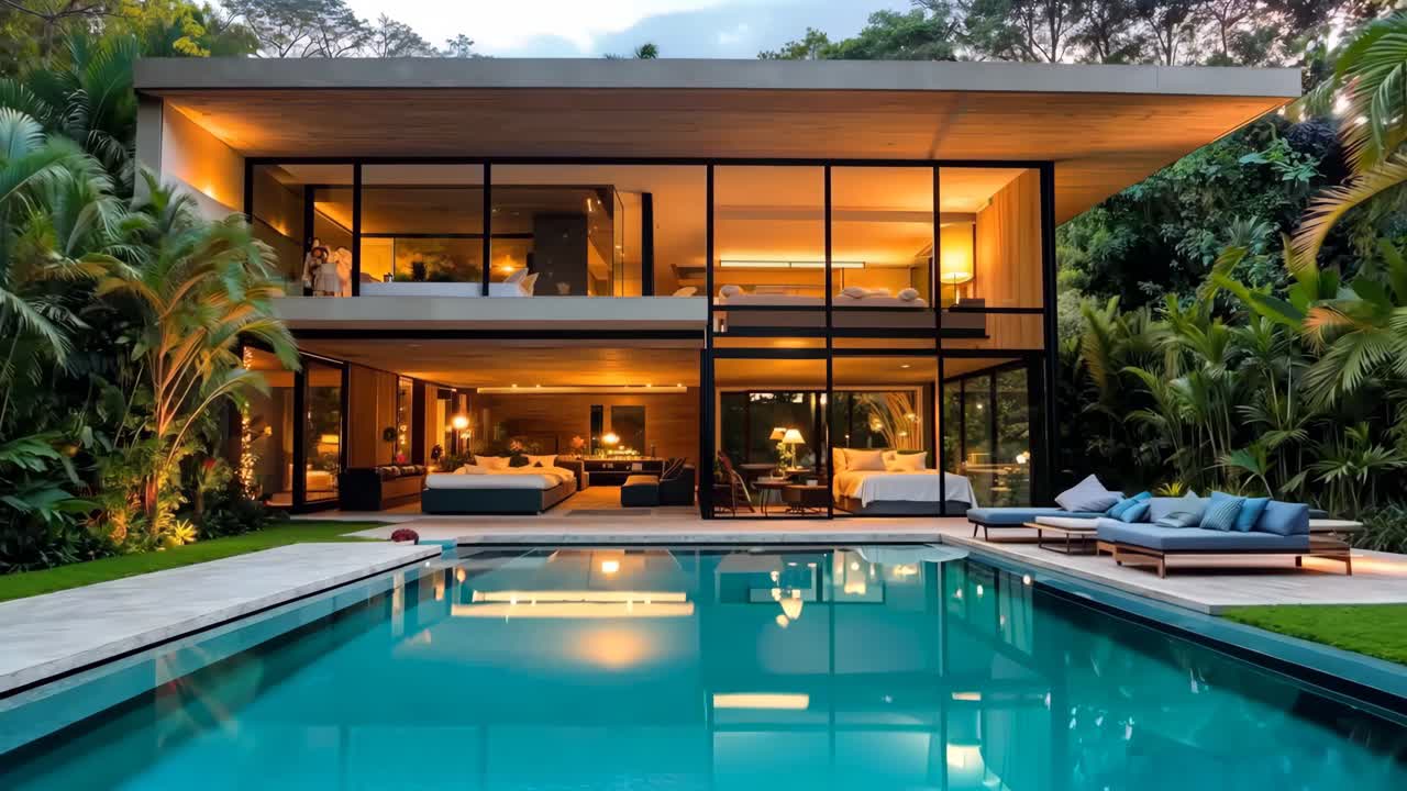 그 중간에 수영장이 있는 큰 집