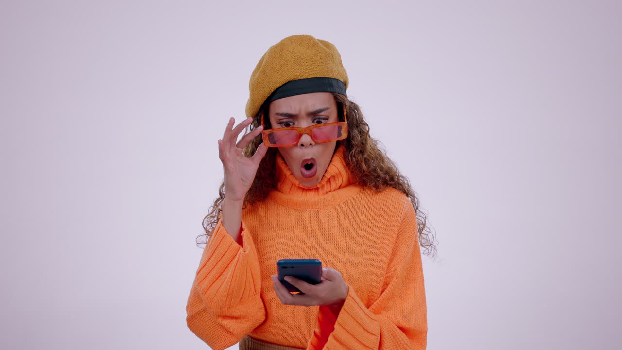Surprise, stylish and woman with a phone