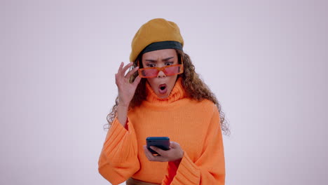surprise, stylish and woman with a phone