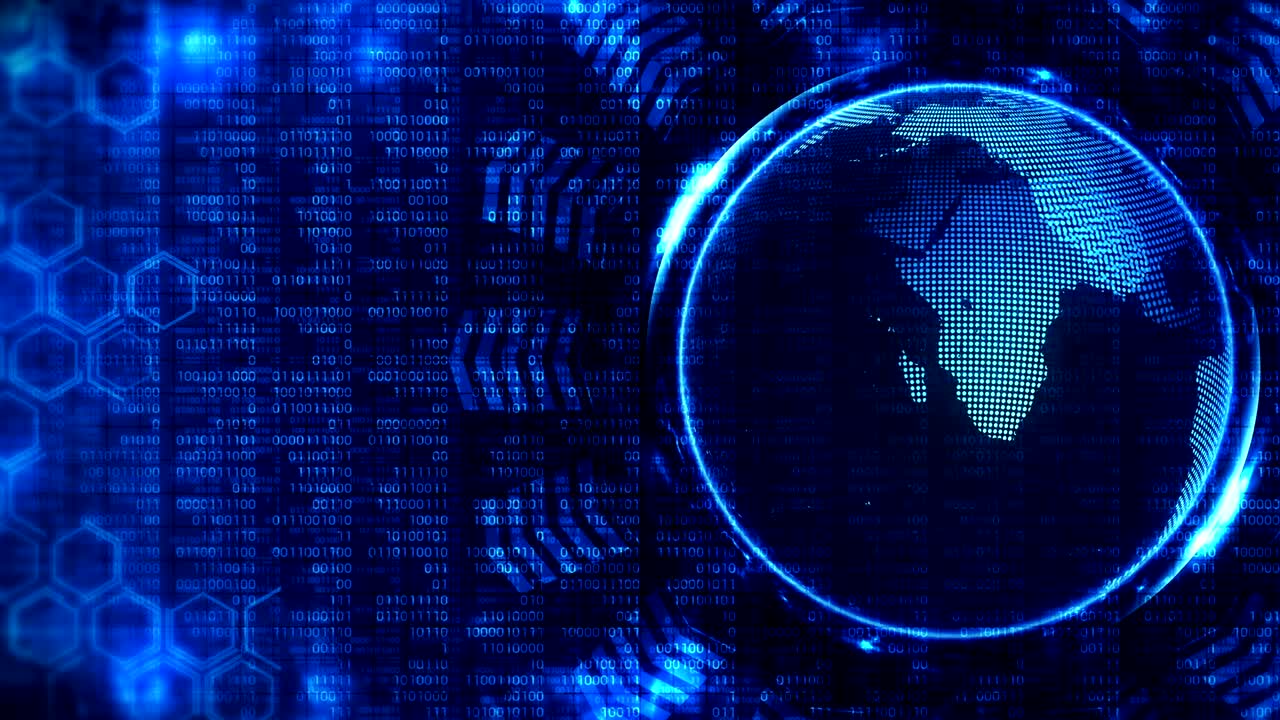 globo terrestre 3d con fondo de alta tecnología de negocios. animación de bucle de flecha de gráfico. diseño geométrico hexagonal y fondo de números binarios.