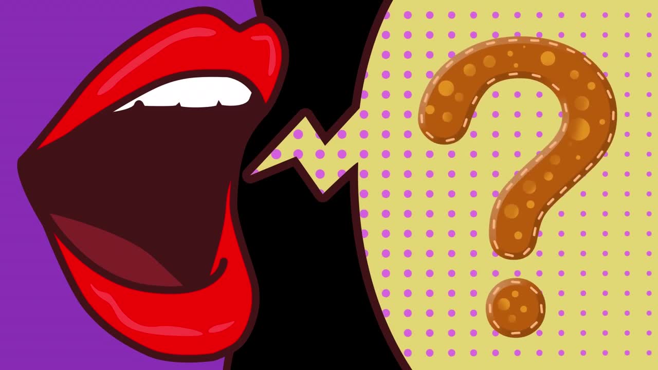 animación de labios con burbuja de habla y signo de interrogación en fondo negro