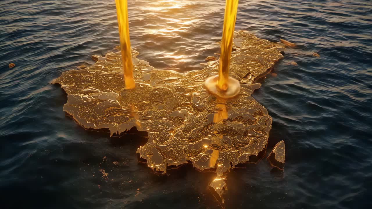 Golden China Map in the Sea