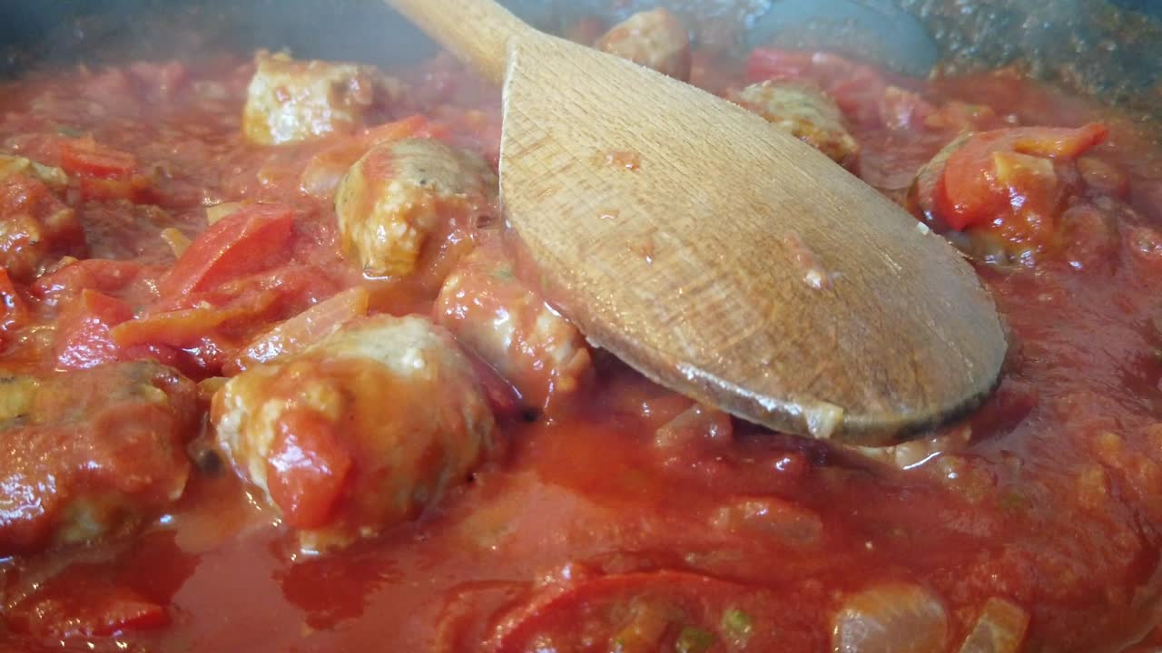 Slow zoom in on saucepan of bubbling tomato pasta sauce with sausage meatballs.