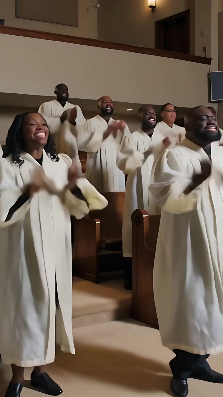 Vertical video: Clapping church choir rising with music building on choir platform, white robes
