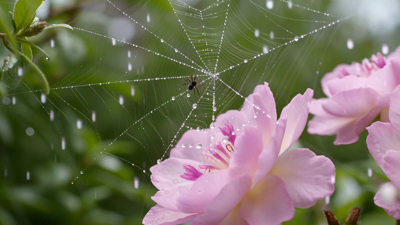 Rosa rosa e ragnatela rugiadosa scintillante, primo piano che mostra un ragno appollaiato al centro della ragnatela, goccioline aggrappate alla seta
