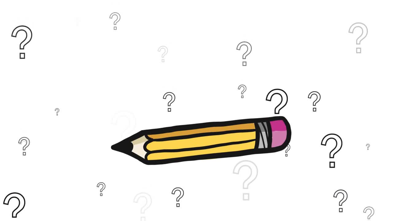Animation of pencil icon and question marks over white background