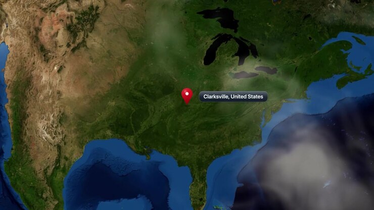 Earth orbit zoom-in animation focusing on Clarksville, Tennessee, United States with location pin marker. Includes NASA public domain imagery.