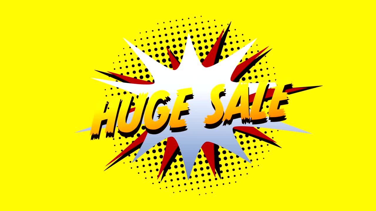 venta enorme, boom y zap texto en la burbuja de habla contra fondo amarillo