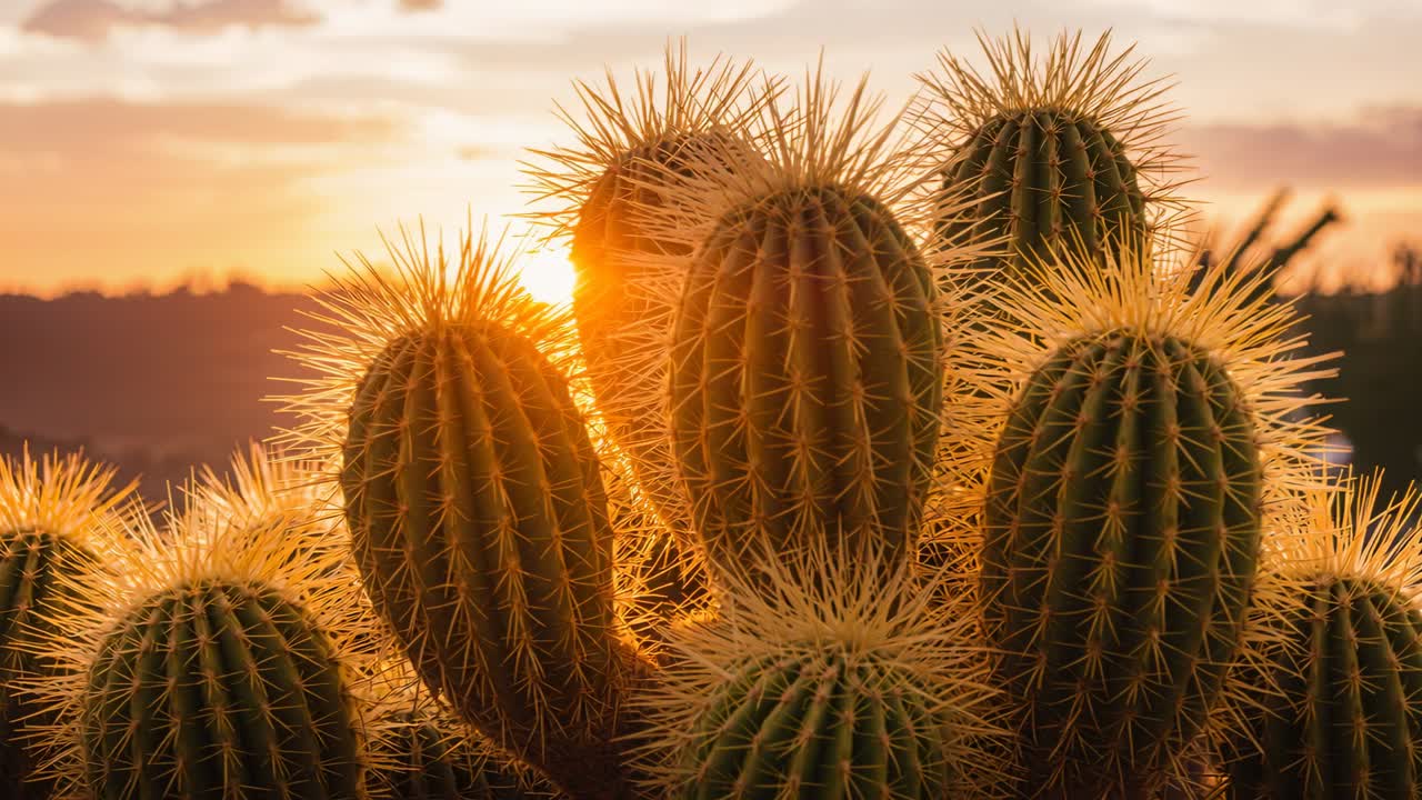 Il sole al tramonto illumina un gruppo di cactus a barile, creando un alone sulle spine e sulla cresta.