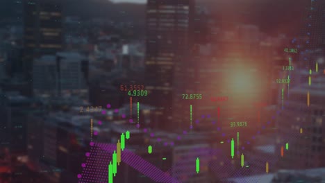 animación del procesamiento de datos financieros y punto de luz contra la vista aérea del paisaje urbano.