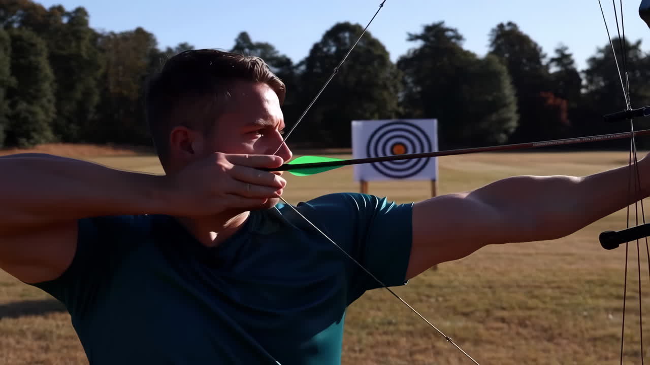 Man practicing archery with a compound bow at an outdoor range