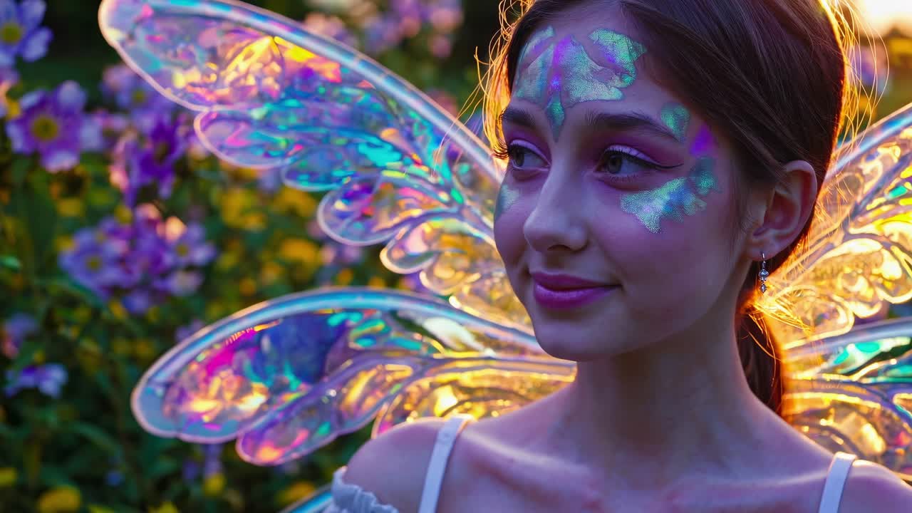 Ethereal woman wearing fairy inspired makeup and shimmering wings standing amid blooming wildflowers during golden hour sunlight, embodying mystical fantasy aesthetic